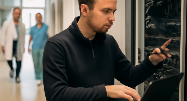 Symbolbild eines Krankenhauses in Wiesbaden mit Fokus auf IT- und Technik-Infrastruktur, das die inzwischen behobene IT-Störung und den wieder weitgehend normalen Klinikbetrieb in den Helios Dr. Horst Schmidt Kliniken visualisiert.