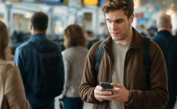 Überfüllte Check-in-Schalter am Flughafen Düsseldorf nach IT-Störung: lange Warteschlangen, Verzögerungen und vereinzelt verpasste Flüge.