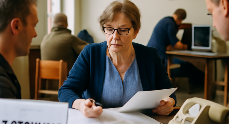 Alt-Text: „Mitarbeitende in einem Büro der Kreisverwaltung Wittenberg arbeiten trotz ausgefallener Computer mit Papierakten und Telefonen – Symbolbild für eine IT-Störung, bei der die Verwaltung im Notbetrieb weiterläuft.“