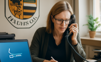 Symbolbild: Mitarbeiterin in einem Büro der Kreisverwaltung Wittenberg arbeitet zwischen Aktenordnern und Telefon, während ein Computer mit Fehlermeldung auf eine IT-Störung und Notbetrieb hinweist.