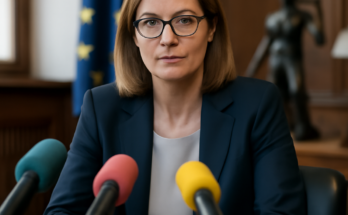 Alt-Text: „Die niedersächsische Justizministerin spricht bei einer Pressekonferenz vor Mikrofonen über die behobene IT-Störung im elektronischen Rechtsverkehr; im Hintergrund sind Justiz- und Digitalmotive wie Gerichtsgebäude, Paragraphenzeichen und Computer-Symbole zu sehen.“