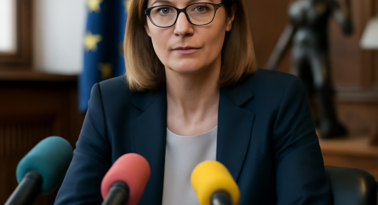 Alt-Text: „Die niedersächsische Justizministerin spricht bei einer Pressekonferenz vor Mikrofonen über die behobene IT-Störung im elektronischen Rechtsverkehr; im Hintergrund sind Justiz- und Digitalmotive wie Gerichtsgebäude, Paragraphenzeichen und Computer-Symbole zu sehen.“