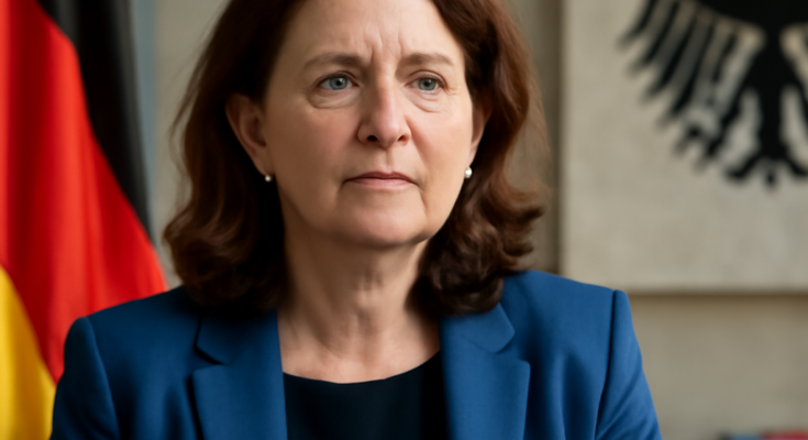 Alt-Text: „Justizministerin steht vor Mikrofonen in einem Konferenzraum und informiert über die erfolgreiche Behebung einer bundesweiten IT-Störung im elektronischen Rechtsverkehr; im Hintergrund Präsentationsfolie oder Banner des Justizministeriums.“