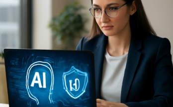 Symbolbild: Startup-Team vor Monitoren mit KI-Dashboard und Schloss-Schild, das die wichtigsten Trends 2026 – Künstliche Intelligenz und Cybersicherheit (Security-by-Design) – visualisiert.