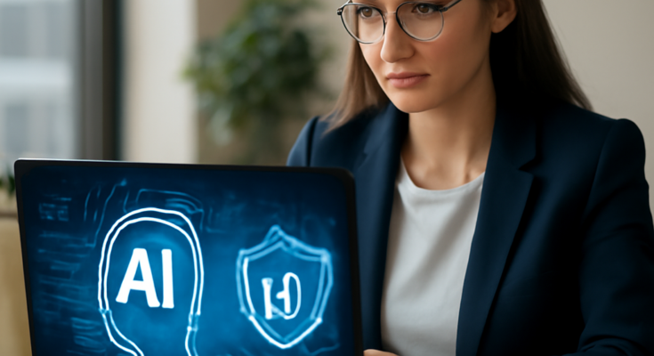 Symbolbild: Startup-Team vor Monitoren mit KI-Dashboard und Schloss-Schild, das die wichtigsten Trends 2026 – Künstliche Intelligenz und Cybersicherheit (Security-by-Design) – visualisiert.