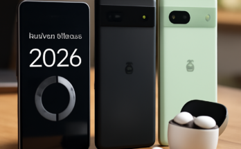 Beitragsbild mit mehreren Google-Pixel-Geräten und Pixel Buds 2a vor einem abstrakten Interface, das neue Januar-Update-Features wie Kamera-, KI-, Akku- und Sicherheitsverbesserungen sowie Hinweise auf kommende Modelle Pixel 10a und Pixel 11 visualisiert.