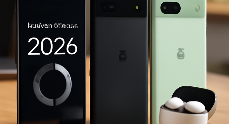 Beitragsbild mit mehreren Google-Pixel-Geräten und Pixel Buds 2a vor einem abstrakten Interface, das neue Januar-Update-Features wie Kamera-, KI-, Akku- und Sicherheitsverbesserungen sowie Hinweise auf kommende Modelle Pixel 10a und Pixel 11 visualisiert.