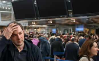 Lange Schlangen und wartende Passagiere vor Check-in-Schaltern am Flughafen Düsseldorf, gestörte Anzeigetafeln – nach einer IT-Störung kommt es zu Verzögerungen und verpassten Flügen, der Betrieb läuft nur eingeschränkt.