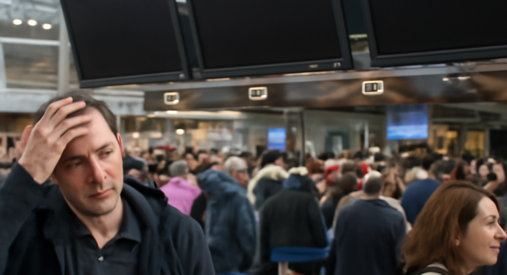 Lange Schlangen und wartende Passagiere vor Check-in-Schaltern am Flughafen Düsseldorf, gestörte Anzeigetafeln – nach einer IT-Störung kommt es zu Verzögerungen und verpassten Flügen, der Betrieb läuft nur eingeschränkt.