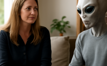 Joyce Ilg im YouTube-Interview mit einer als „Alien“ inszenierten Figur, die in kurzen Aussagen angebliche Botschaften über Menschheit und Bewusstsein teilt.