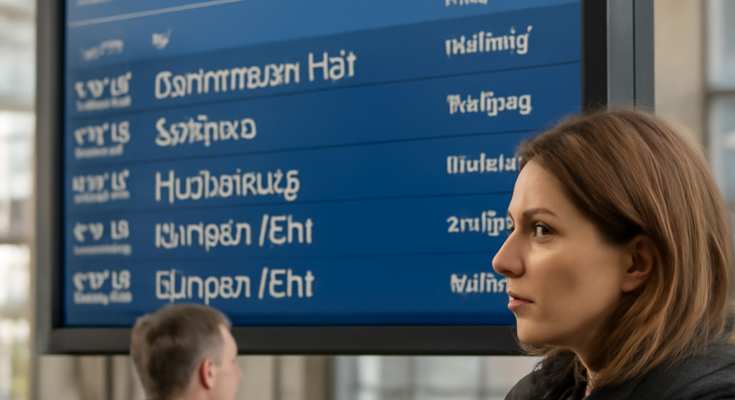 Symbolbild: Digitale Anzeigetafel und Bahn-App der Deutschen Bahn mit Störungsmeldung – Auskunftssysteme zeitweise ausgefallen, möglicher Cyberangriff als Ursache.