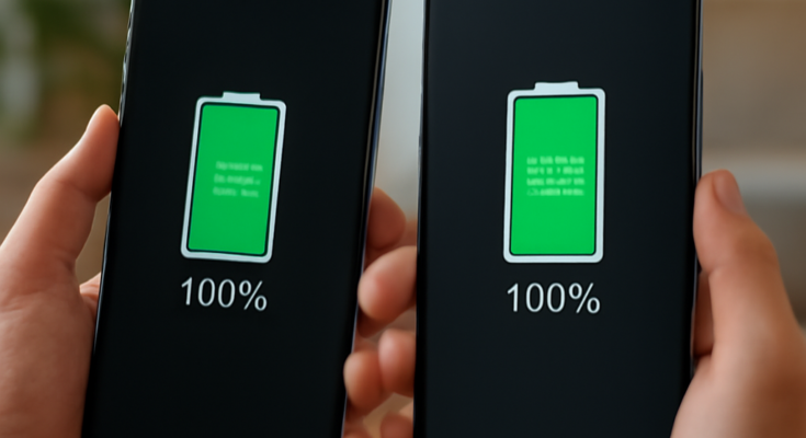 Smartphone-Akkuanzeige und Android-Update-Symbol: Google-Update optimiert Energiemanagement und verlängert die Laufzeit bei Samsung- und Xiaomi-Geräten.