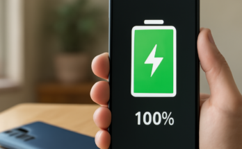 Android-Smartphone mit Akku-Symbol: Google-Update optimiert Hintergrundprozesse und verlängert die Akkulaufzeit, besonders bei Samsung- und Xiaomi-Geräten.