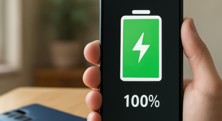Android-Smartphone mit Akku-Symbol: Google-Update optimiert Hintergrundprozesse und verlängert die Akkulaufzeit, besonders bei Samsung- und Xiaomi-Geräten.