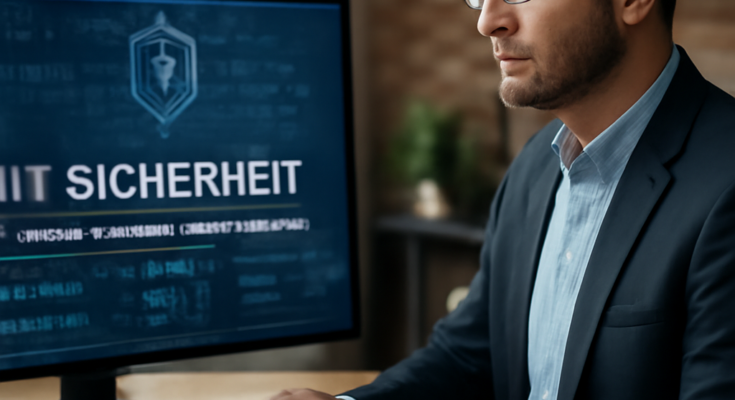 Symbolbild: Stromnetz-Leitwarte mit digitalen Sicherheits-Overlays, Schloss-Icon und Warnhinweisen – IT-/OT-Security und Cyber-Resilienz im Energiesektor (KRITIS, NIS2, Incident Response).