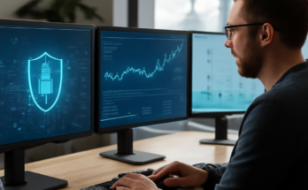 Symbolbild: Stromnetz und Leitwarte mit vernetzten IT-/OT-Systemen, Cyberangriffen und Schutzmaßnahmen zur Cyber-Resilienz (Monitoring, Segmentierung, Incident Response) im KRITIS-Energiesektor.