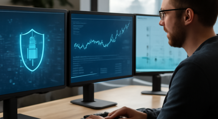 Symbolbild: Stromnetz und Leitwarte mit vernetzten IT-/OT-Systemen, Cyberangriffen und Schutzmaßnahmen zur Cyber-Resilienz (Monitoring, Segmentierung, Incident Response) im KRITIS-Energiesektor.