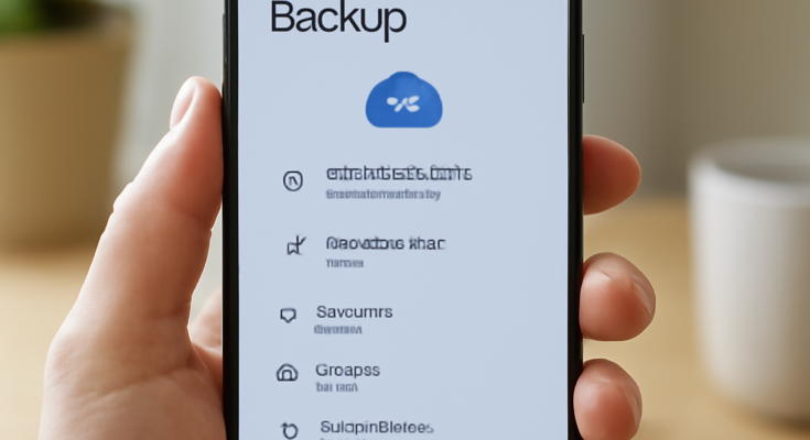 Alt-Text: „Android-Smartphone mit Google-Backup-Symbol: neues Update verbessert Cloud-Datensicherung, Transparenz und Wiederherstellung nach Gerätewechsel oder Reset.“