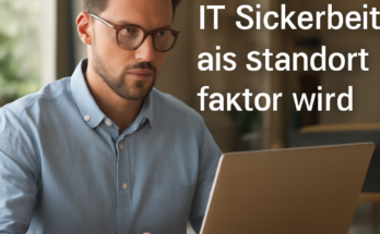 Beitragsbild: Symbolische Darstellung von IT-Sicherheit als Standortfaktor – vernetzte Unternehmen und Behörden mit Schutzschild, Fokus auf Cyberresilienz, Compliance und Fachkräftemangel.