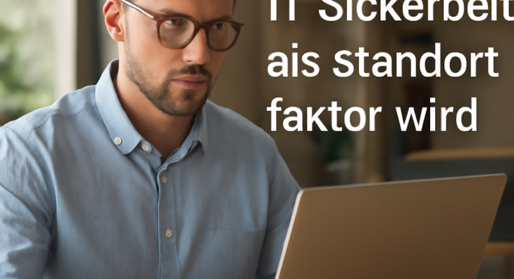 Beitragsbild: Symbolische Darstellung von IT-Sicherheit als Standortfaktor – vernetzte Unternehmen und Behörden mit Schutzschild, Fokus auf Cyberresilienz, Compliance und Fachkräftemangel.