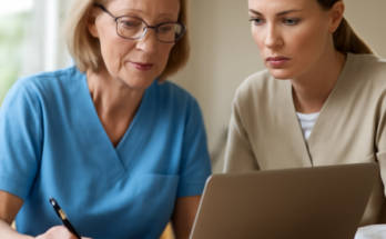 Alt-Text: **„Pflegekräfte arbeiten am Laptop; Symbol für Cyberschutz: BSI empfiehlt Pflegediensten starke Passwörter, Updates, Backups, Phishing-Schulungen und klare Zugriffsrechte.“**