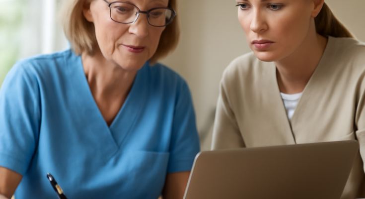 Alt-Text: **„Pflegekräfte arbeiten am Laptop; Symbol für Cyberschutz: BSI empfiehlt Pflegediensten starke Passwörter, Updates, Backups, Phishing-Schulungen und klare Zugriffsrechte.“**