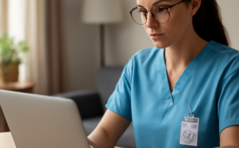 Illustration: Pflegedienst am Laptop mit Schloss-Symbol; BSI-Tipps zu IT-Sicherheit, Datenschutz, Updates, MFA, Backups und Phishing-Schutz gegen Cyberangriffe.