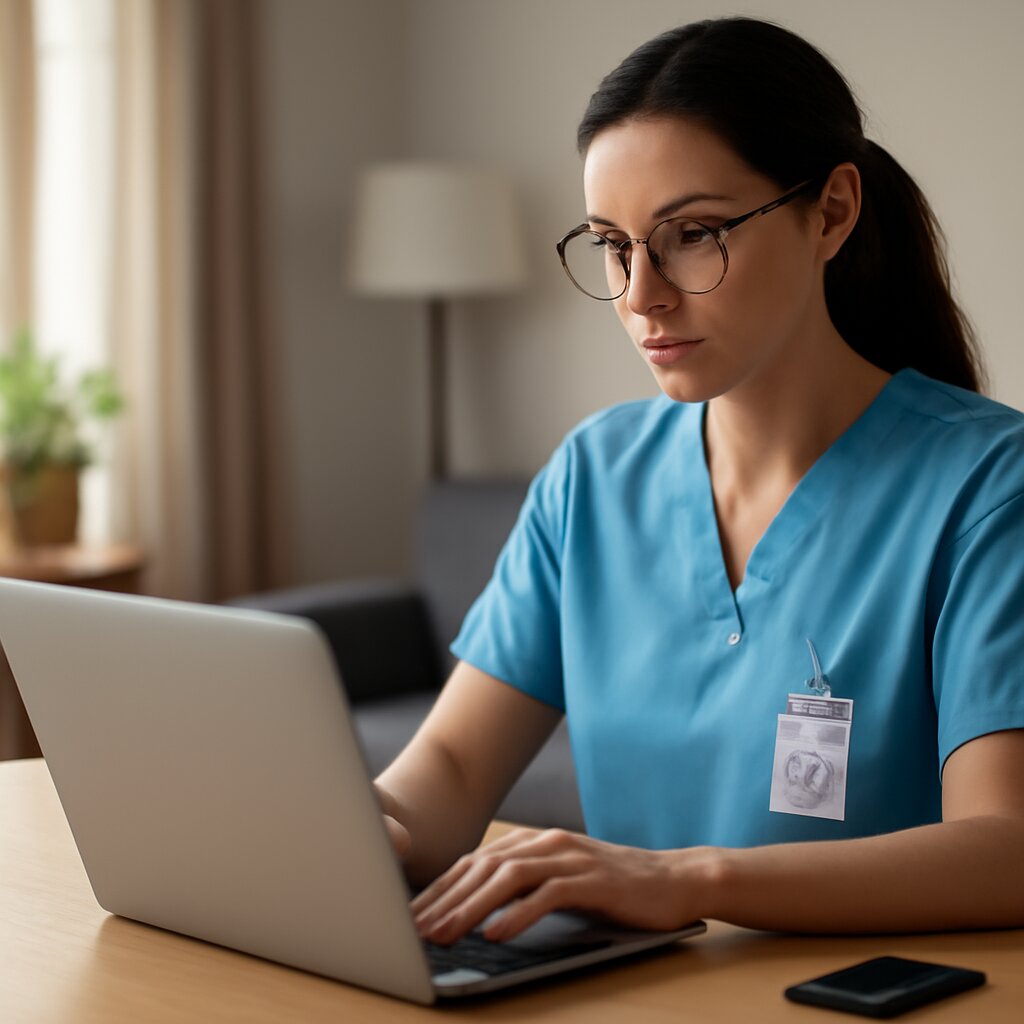 Illustration: Pflegedienst am Laptop mit Schloss-Symbol; BSI-Tipps zu IT-Sicherheit, Datenschutz, Updates, MFA, Backups und Phishing-Schutz gegen Cyberangriffe.