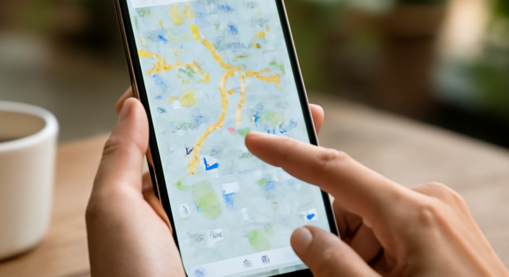 Google-Maps-App mit neuer, als „Müll“ kritisierter Einblendung: überladene Kartenansicht erschwert Übersicht und Orientierung.