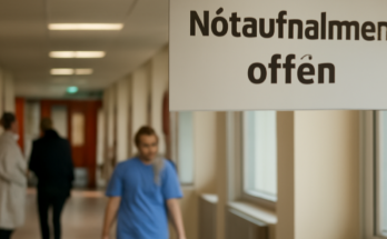 Eingang der Berliner Charité: Hinweis „IT-Störung behoben“, Notaufnahme wieder geöffnet, Klinikbetrieb kehrt schrittweise in den Regelbetrieb zurück.