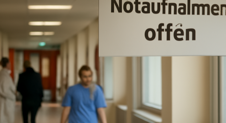 Eingang der Berliner Charité: Hinweis „IT-Störung behoben“, Notaufnahme wieder geöffnet, Klinikbetrieb kehrt schrittweise in den Regelbetrieb zurück.