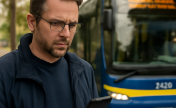 NIAG-Bus an einer Haltestelle im Raum Moers: IT-Störung führte zu Verspätungen und Ausfällen, Echtzeitinfos zeitweise eingeschränkt; Fehler inzwischen behoben.