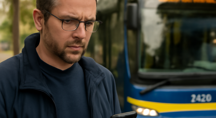 NIAG-Bus an einer Haltestelle im Raum Moers: IT-Störung führte zu Verspätungen und Ausfällen, Echtzeitinfos zeitweise eingeschränkt; Fehler inzwischen behoben.