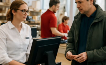 Alt-Text: „XXXLutz- und Mömax-Filiale mit Kassenzone: Hinweis auf IT-Störung am 20.04.2026, Kassensysteme und Abläufe im Markt zeitweise beeinträchtigt.“