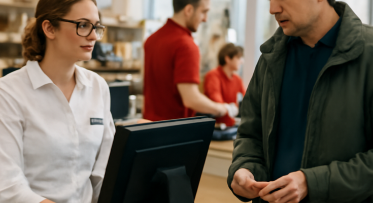 Alt-Text: „XXXLutz- und Mömax-Filiale mit Kassenzone: Hinweis auf IT-Störung am 20.04.2026, Kassensysteme und Abläufe im Markt zeitweise beeinträchtigt.“