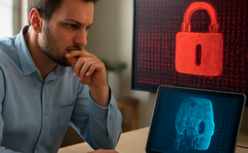 Illustration einer KI-gestützten Cyberbedrohung: Deepfake-Identität, präzises Phishing und automatisierte Malware-Angriffe auf Unternehmensnetzwerke.