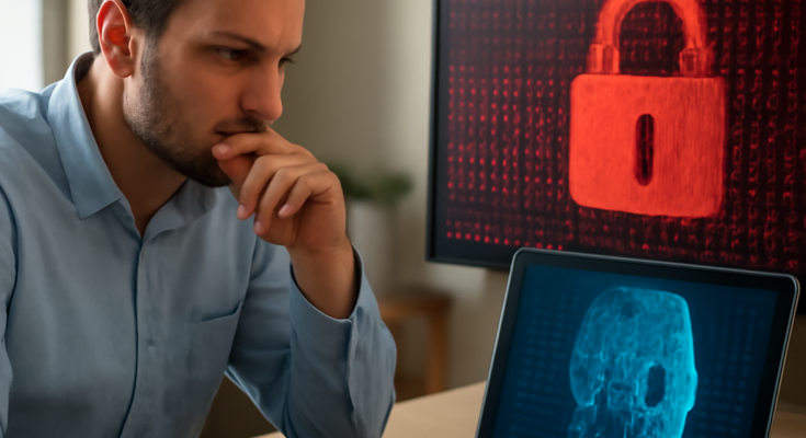 Illustration einer KI-gestützten Cyberbedrohung: Deepfake-Identität, präzises Phishing und automatisierte Malware-Angriffe auf Unternehmensnetzwerke.