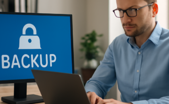 Symbolbild IT-Sicherheit: Server-Rack mit Backup-Speicher und Schloss – Backups als Pflicht für Unternehmen zum Schutz vor Ransomware, Datenverlust und Ausfällen.