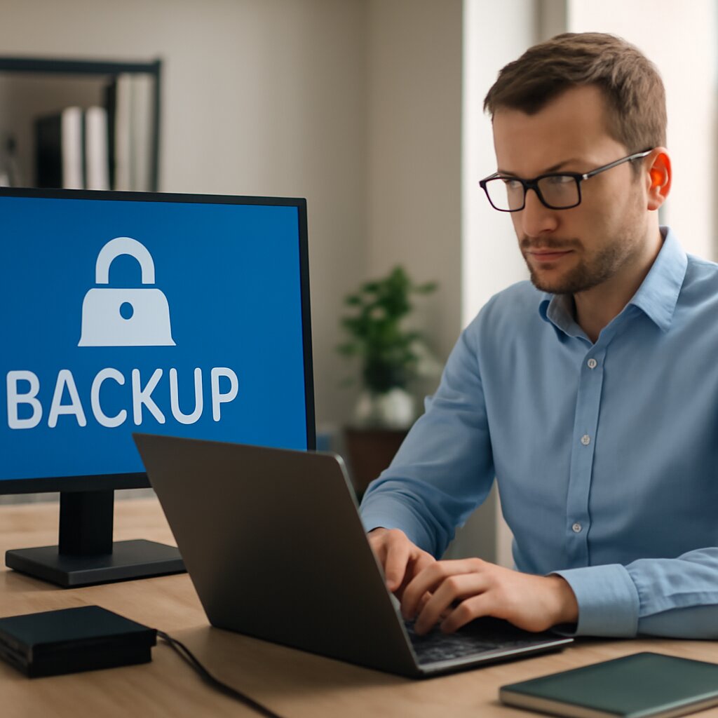 Symbolbild IT-Sicherheit: Server-Rack mit Backup-Speicher und Schloss – Backups als Pflicht für Unternehmen zum Schutz vor Ransomware, Datenverlust und Ausfällen.