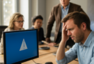Symbolbild: Computerbildschirm mit Windows-Update-Meldung und Hinweis „Fehler“, im Hintergrund das Gebäude der Stadtverwaltung Essen – IT-Störung legt digitale Prozesse zeitweise lahm.