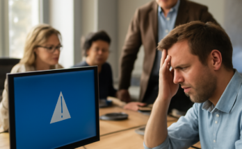 Symbolbild: Computerbildschirm mit Windows-Update-Meldung und Hinweis „Fehler“, im Hintergrund das Gebäude der Stadtverwaltung Essen – IT-Störung legt digitale Prozesse zeitweise lahm.
