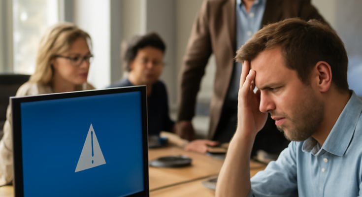 Symbolbild: Computerbildschirm mit Windows-Update-Meldung und Hinweis „Fehler“, im Hintergrund das Gebäude der Stadtverwaltung Essen – IT-Störung legt digitale Prozesse zeitweise lahm.