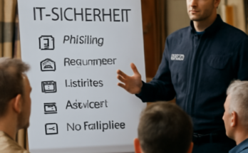 Polizeibeamter informiert Handwerksbetriebe in einer Veranstaltung über IT-Sicherheit und Cyberprävention, mit Fokus auf Phishing, Passwörter, Updates und Backups.
