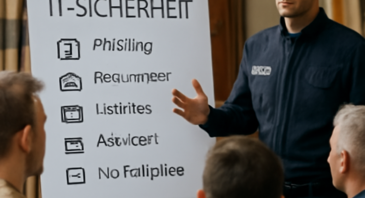 Polizeibeamter informiert Handwerksbetriebe in einer Veranstaltung über IT-Sicherheit und Cyberprävention, mit Fokus auf Phishing, Passwörter, Updates und Backups.