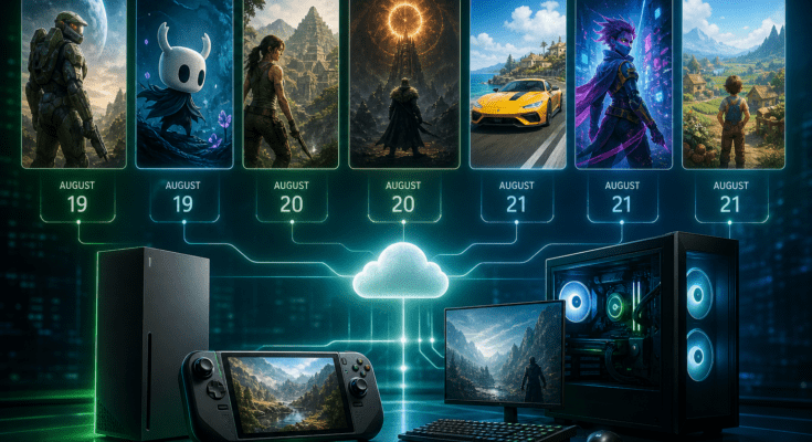 Cloud-Gaming-Plattform mit mehreren Spielen, verbunden mit Konsole, Handheld und PC über die Cloud