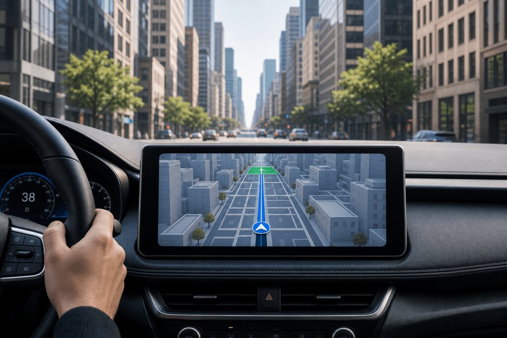 Navigationsanzeige mit Routenführung durch die Stadt auf dem Armaturenbrett eines Autos