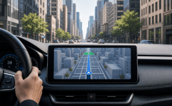 Navigationsanzeige mit Routenführung durch die Stadt auf dem Armaturenbrett eines Autos