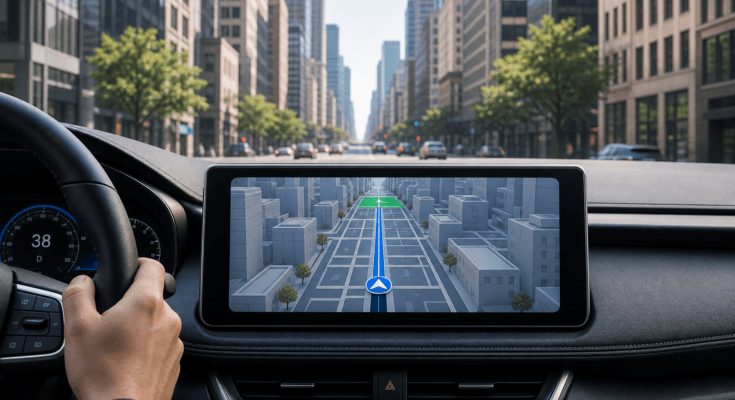 Navigationsanzeige mit Routenführung durch die Stadt auf dem Armaturenbrett eines Autos