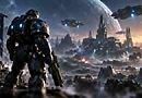 Science-Fiction-Soldat blickt auf eine futuristische Festung und Raumschiffe
