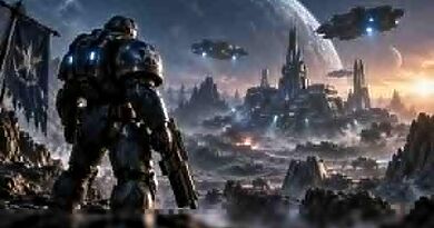 Science-Fiction-Soldat blickt auf eine futuristische Festung und Raumschiffe